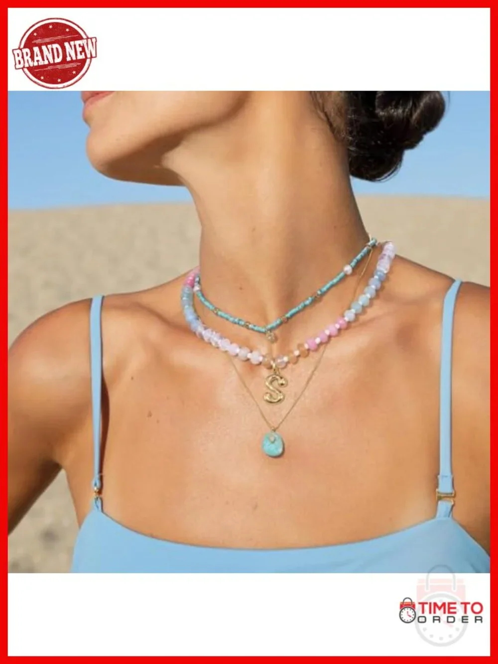 14K Gold Bubble Letter Pendant Necklace, Natural Stone Choker 16